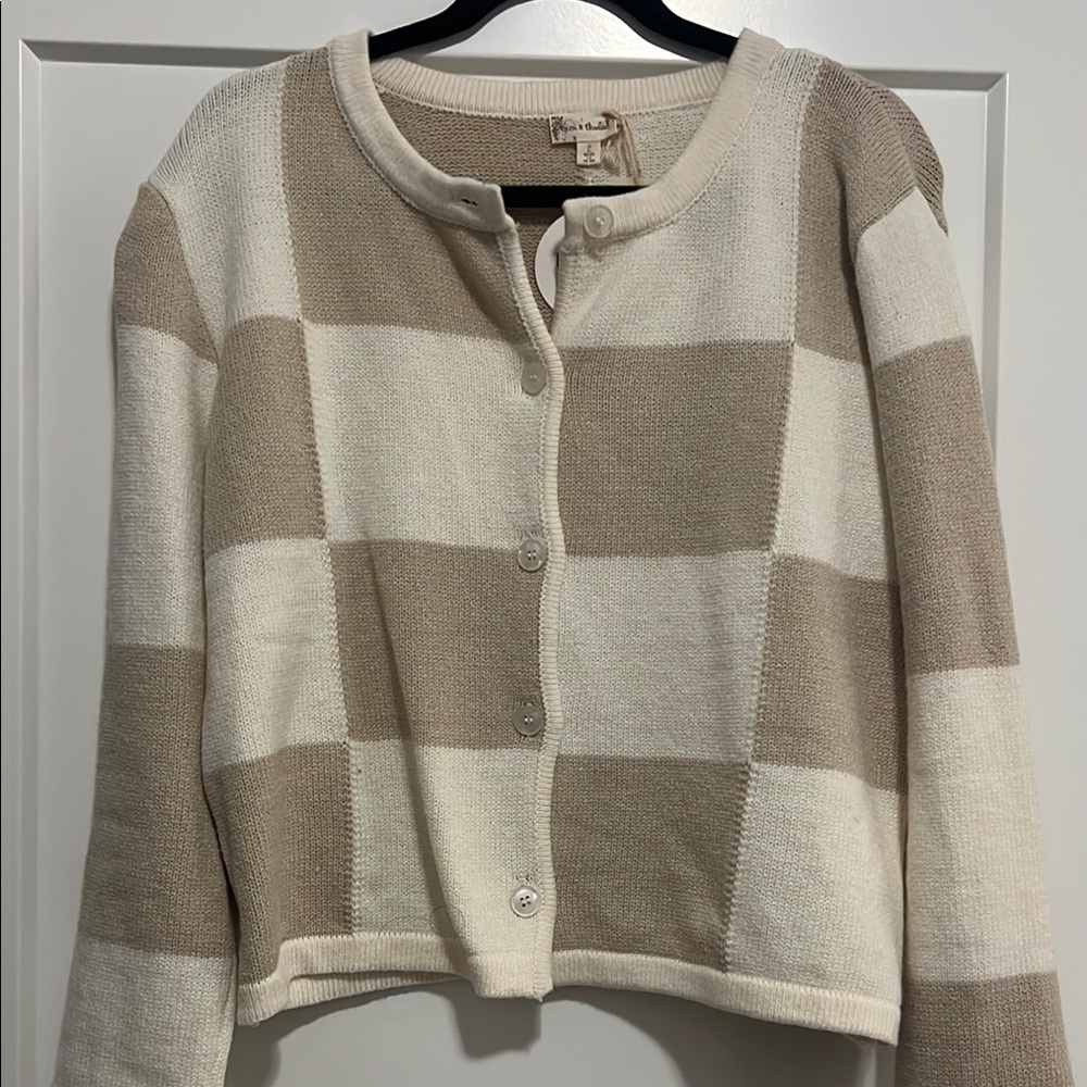 Women's Beige and Cream Checkered Sweater